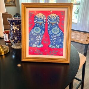 Chinoiserie Dogs wall art 8x10 Gold Frame Blue & White Decor